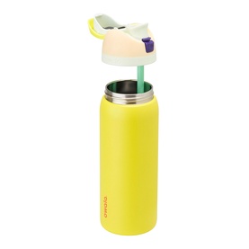 Yellow insulated water bottle with flip-top straw lid featuring colourful character-style top detail in white, purple and green