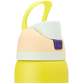 Yellow Owala water bottle close-up showing flip-top lid with peach spout, white cap, and purple lock button