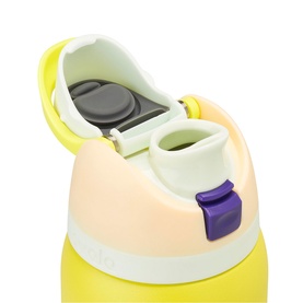 Yellow and peach children's water bottle with open flip lid, dual drinking spouts and purple locking clip, close-up detail shot