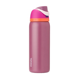 Owala FreeSip insulated water bottle in mauve-purple with pink, orange and white flip-top lid, stainless steel, large size