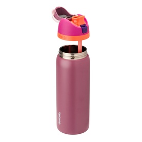 Avanchy insulated stainless steel kids water bottle in dusty pink with orange and pink flip-top straw lid