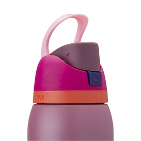Owala kids' water bottle close-up showing pink and purple flip-top lid with carry loop and orange base ring detail