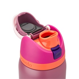 Contigo kids' water bottle in pink and orange with flip-top lid open, revealing spout and locking clip detail