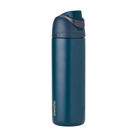 Owala FreeSip 24oz Water Bottle in Winter Nights, deep teal stainless steel with grey flip lid and carry loop