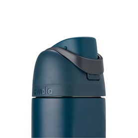 Owala FreeSip 24oz Water Bottle in Winter Nights, deep teal with dark grey flip lid and carry loop, close-up detail shot