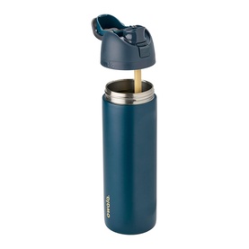 Owala FreeSip 24oz Water Bottle in Winter Nights, deep blue stainless steel with lid open showing built-in straw and carry loop
