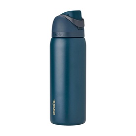 Owala insulated water bottle in deep teal blue with flip-top lid and carry loop, no model