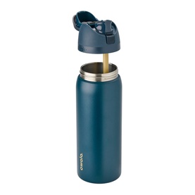 Asobu navy blue insulated water bottle with open flip-top lid and gold-tone inner lining visible