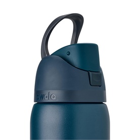 Owala water bottle in deep teal blue, close-up of flip-top lid with carry loop and push-button mechanism