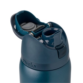 Owala water bottle in teal blue, close-up of open push-button lid with dual drink spouts and locking mechanism