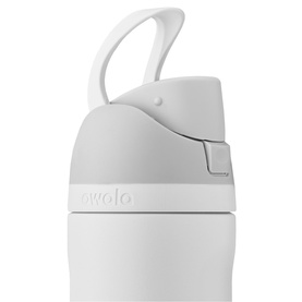 Owala water bottle in white, close-up of flip-top lid with carry handle and push-button mechanism