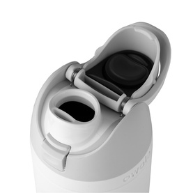 White insulated water bottle with open flip-top lid, showing black inner seal and locking mechanism, close-up detail shot