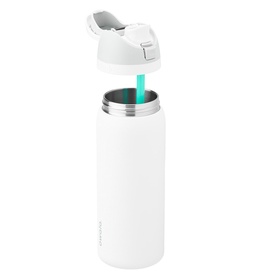 White insulated water bottle with open flip-top lid and teal straw, stainless steel interior visible