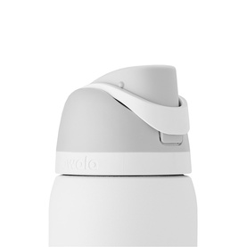 Close-up of Vala white insulated water bottle showing flip-top lid with locking clip and carry handle detail