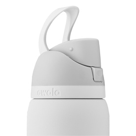 Owala water bottle in white, close-up of flip-top lid with carry loop and push-button opening mechanism