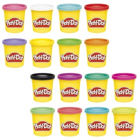 Play-Doh assorted colour single tubs in red, yellow, blue, green, purple, orange, black and white, shown as a collection