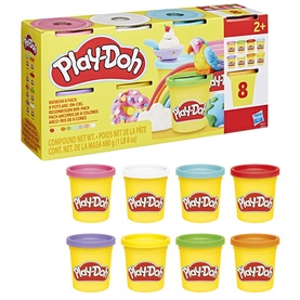 Play-Doh 8-pack modelling compound set in assorted colours including yellow, red, blue, green and purple tubs, with box packaging