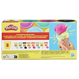 Play-Doh 8-pack assorted colours compound set in multicoloured tubs, with ice cream cone lifestyle image on packaging