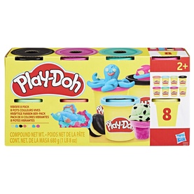 Play-Doh 8-pack of assorted coloured compound pots in black, pink, teal and more, with illustrated packaging