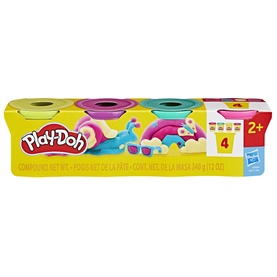 Play-Doh 4-pack compound set in assorted colours including teal, pink and yellow, age 2+, 340g total