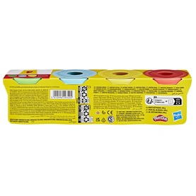 Play-Doh assorted colour 4-pack tubs in red, blue, yellow and pink, shown from the back with packaging details visible