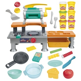 Play-Doh kitchen playset in multi colours with pasta maker, pans, moulds, utensils, and four cans of Play-Doh compound