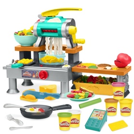Play-Doh multicolour pasta-making playset with rolling machine, pans, food moulds, utensils and four tubs of modelling compound