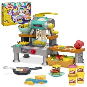 Play-Doh busy chef's restaurant playset with noodle maker, frying pan, plates, and multicoloured dough tubs