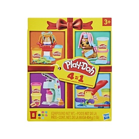 Play-Doh 4-in-1 gift set with 8 tubs of assorted coloured compound, featuring cooking and pet-themed play sets