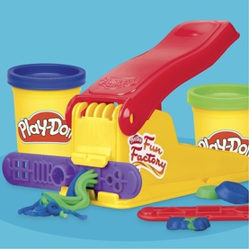 Play-Doh Fun Factory set with red press, blue and yellow dough tubs, and assorted coloured shape accessories on blue background