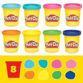 Play-Doh 8-pack of modelling compound tubs in assorted colours including teal, yellow, pink, orange, green and blue.