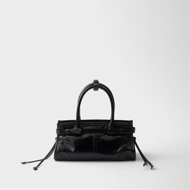 Prada Accessories black leather tote bag with structured top handles, drawstring sides, and contrast stitching detail