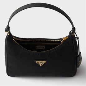 Prada black nylon mini shoulder bag with gold-tone zip and triangle logo hardware, single top handle and detachable strap
