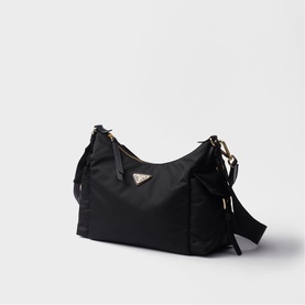 Prada Accessories black nylon crossbody bag with gold-tone triangle logo hardware and adjustable shoulder strap
