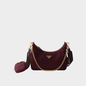 Prada Accessories burgundy nylon hobo bag with gold chain strap and detachable heart coin purse, triangle logo hardware