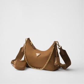 Prada Accessories brown nylon multi-wear shoulder bag with gold chain strap, webbing crossbody strap, and triangle logo