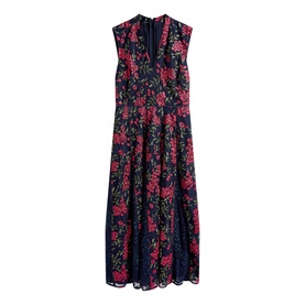 Hobbs midi dress in midnight pink floral print, navy lace overlay, V-neckline, sleeveless with fitted bodice and full skirt