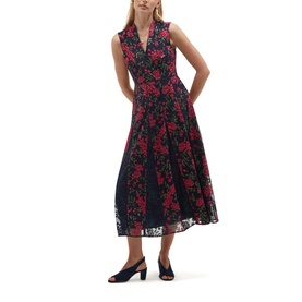 Model wearing Hobbs midi dress in midnight pink floral lace, sleeveless V-neck, full skirt, styled with black block-heel mules