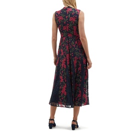 Model wearing Hobbs midnight pink floral lace midi dress, sleeveless with fitted waist and full skirt, styled with black heeled mules.