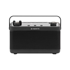 Roberts Blutune 7 Portable Stereo Radio in black, front view showing fabric grille, control knobs, and carry handle