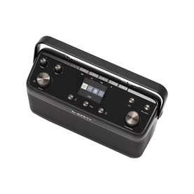 Roberts Blutune 7 Portable Stereo Radio in black, angled view showing digital display, control knobs, and carry handle