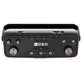 Roberts Blutune 7 Portable Stereo Radio in black, overhead view showing CD slot, DAB display, control knobs and buttons