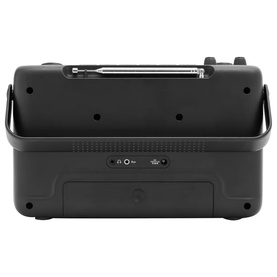 Roberts Blutune 7 Portable Stereo Radio in black, rear view showing headphone jack, USB port, and telescopic aerial.