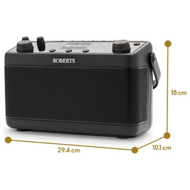 Roberts Blutune 7 Portable Stereo Radio in black, shown with dimensions: 29.4cm wide, 18cm tall, 10.1cm deep