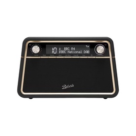 Roberts Reva Bluetooth DAB/FM Table Top Radio in black with gold trim detailing, digital display showing BBC R4, dual control knobs