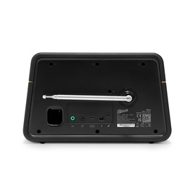 Roberts Reva Bluetooth DAB/FM Table Top Radio in black, rear view showing antenna, ports, and control buttons.