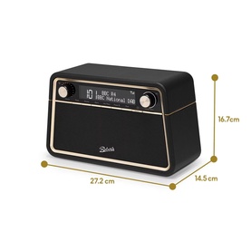Roberts Reva Bluetooth DAB/FM Table Top Radio in black with gold trim, shown with dimensions: 27.2cm wide, 14.5cm deep, 16.7cm tall.