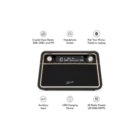 Roberts Reva Bluetooth DAB/FM Table Top Radio in black, with feature callouts: DAB/FM, headphone socket, Bluetooth, aux input, USB charging, 40