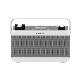 Roberts Blutune 7 Portable Stereo Radio in white, front view showing mesh grille, carry handle, and digital display panel
