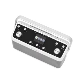 Rock and Dress Blutune 7 Portable Stereo Radio in white, overhead view showing black control panel with dials and digital display